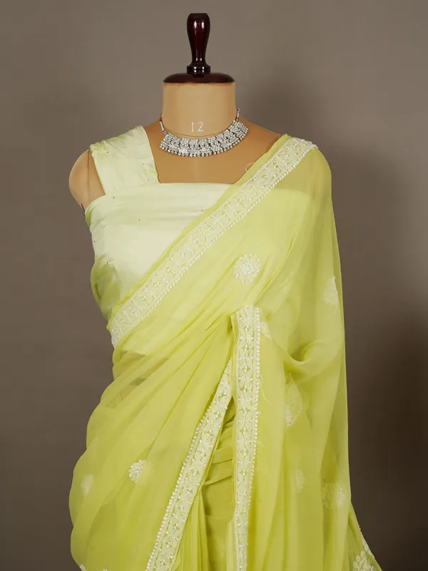 Niraloka_Hand_Embroidered_Green_Georgette_Lucknow_Chikan_Saree_With_Blouse_NF5009