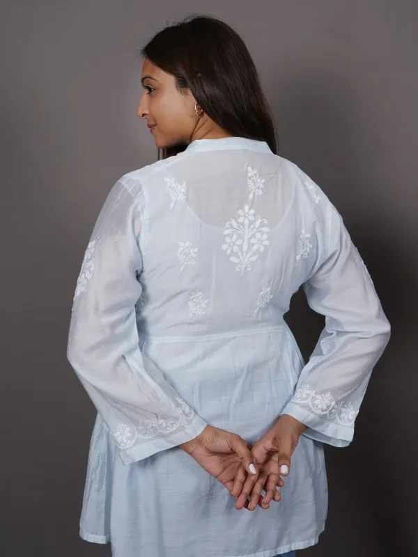 Light_Blue_Full_Sleeves_Chikankari_Pure_Silk_Short_Kurti_NF1036