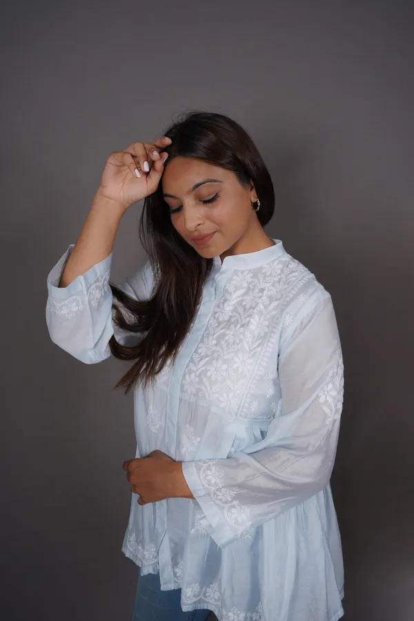 Light_Blue_Full_Sleeves_Chikankari_Pure_Silk_Short_Kurti_NF1036