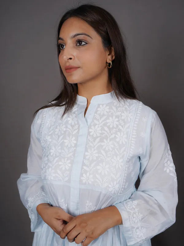 Light_Blue_Full_Sleeves_Chikankari_Pure_Silk_Short_Kurti_NF1036