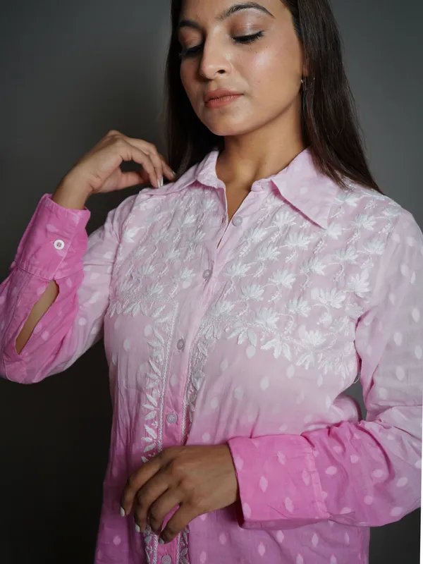 Pink_Ombre_Full_Sleeves_Chikankari_Pure_cotton_Short_Kurti_NF1035