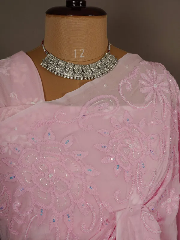 Niraloka_Hand_Embroidered_Pink_chiffon_Lucknowi_Chikan_Saree_With_Blouse_NF5010