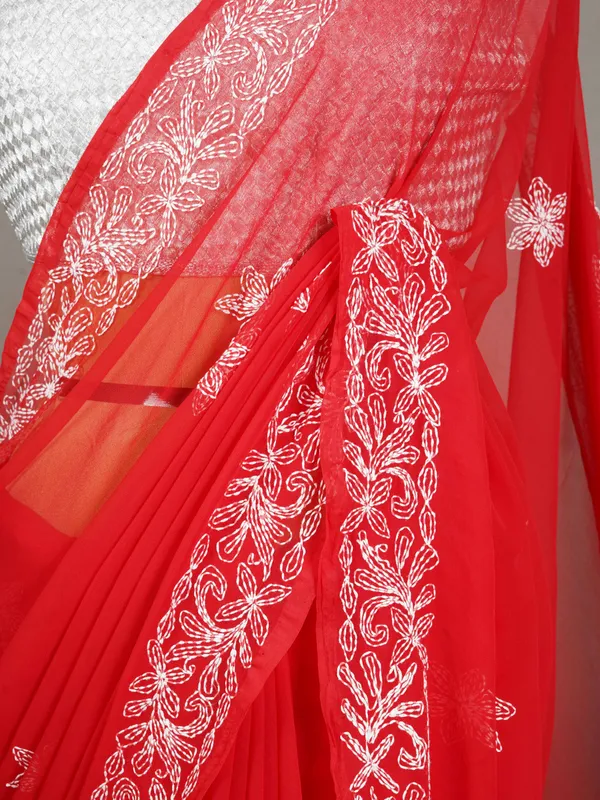 Red_georgette_chikankari_saree_NF5007