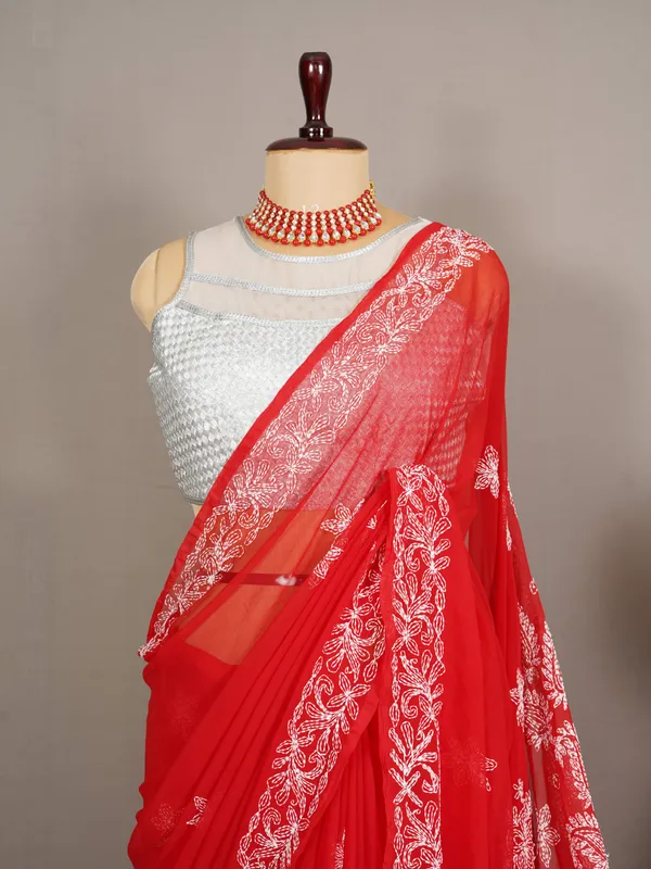 Red_georgette_chikankari_saree_NF5007