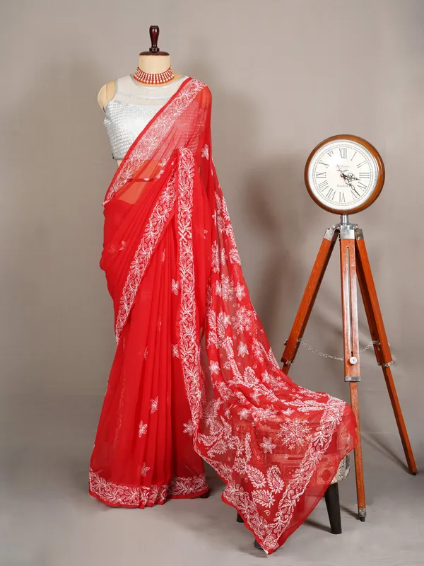 Red_georgette_chikankari_saree_NF5007