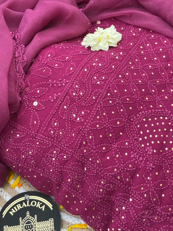 Unstitched_mauve_georgette_Chikankari_kurta_set