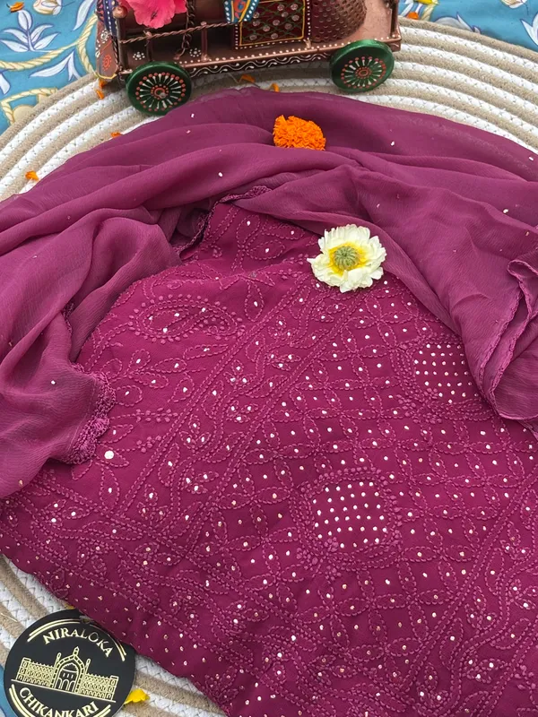 Unstitched_mauve_georgette_Chikankari_kurta_set