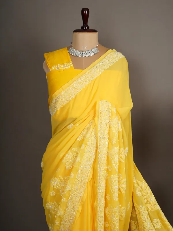 Yellow_georgette_chikankari_saree_NF5008