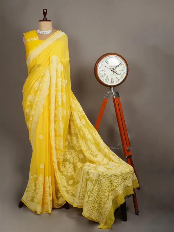 Yellow_georgette_chikankari_saree_NF5008