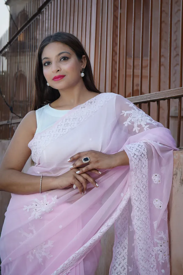Niraloka_Hand_Embroidered_Pink_Georgette_Lucknow_Chikan_Saree_With_Blouse_NF5005