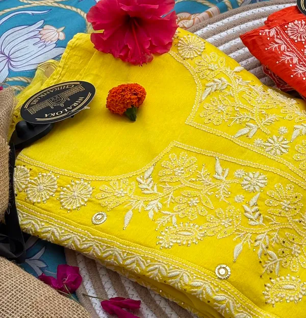 Yellow_unstitched_chikankari_with_mukaish_work_kurta_set