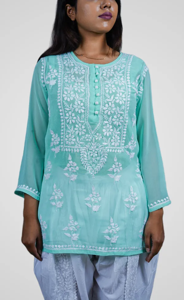 Sea_Green_Georgette_Premium_Short_Kurti_For_Women_NF1016