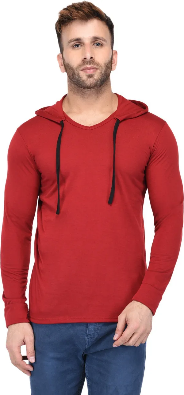 Maroon_Cotton_Solid_Men_Hooded_Neck_Regukar_Fit_T-Shirt_For_Men