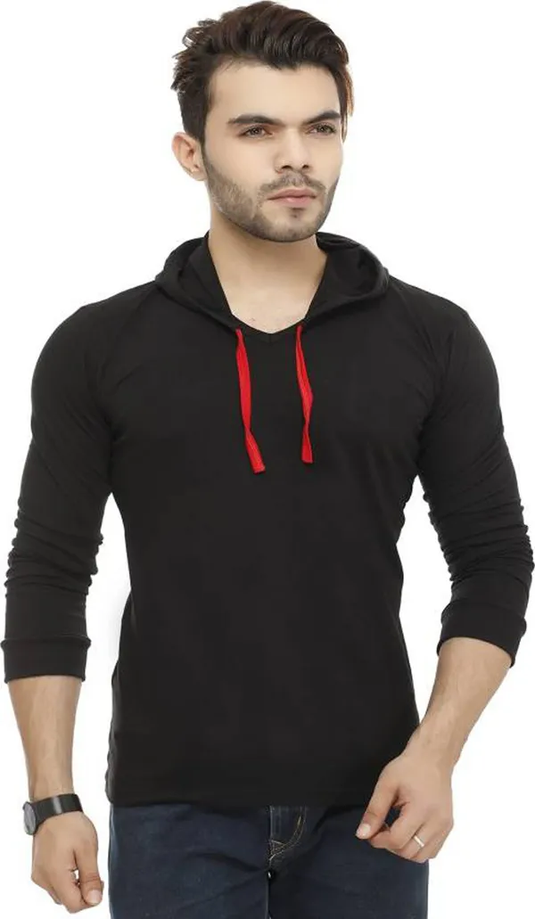 Black_Cotton_Solid_Hooded_Neck_Regukar_Fit_T-Shirt_For_Men