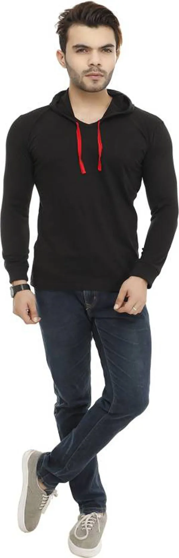 Black_Cotton_Solid_Hooded_Neck_Regukar_Fit_T-Shirt_For_Men