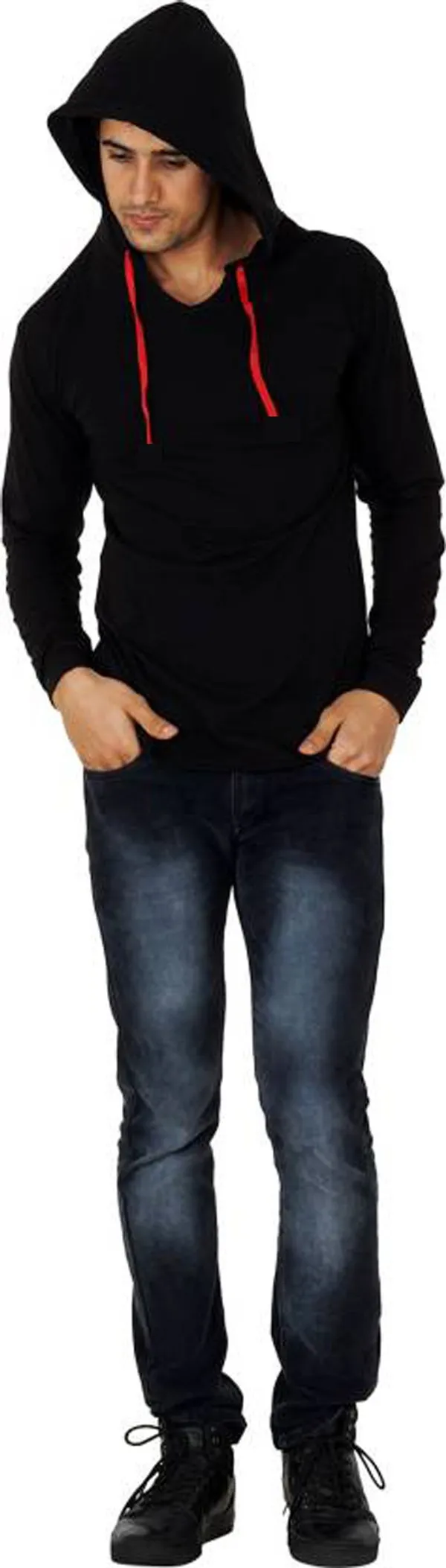 Black_Cotton_Solid_Hooded_Neck_Regukar_Fit_T-Shirt_For_Men