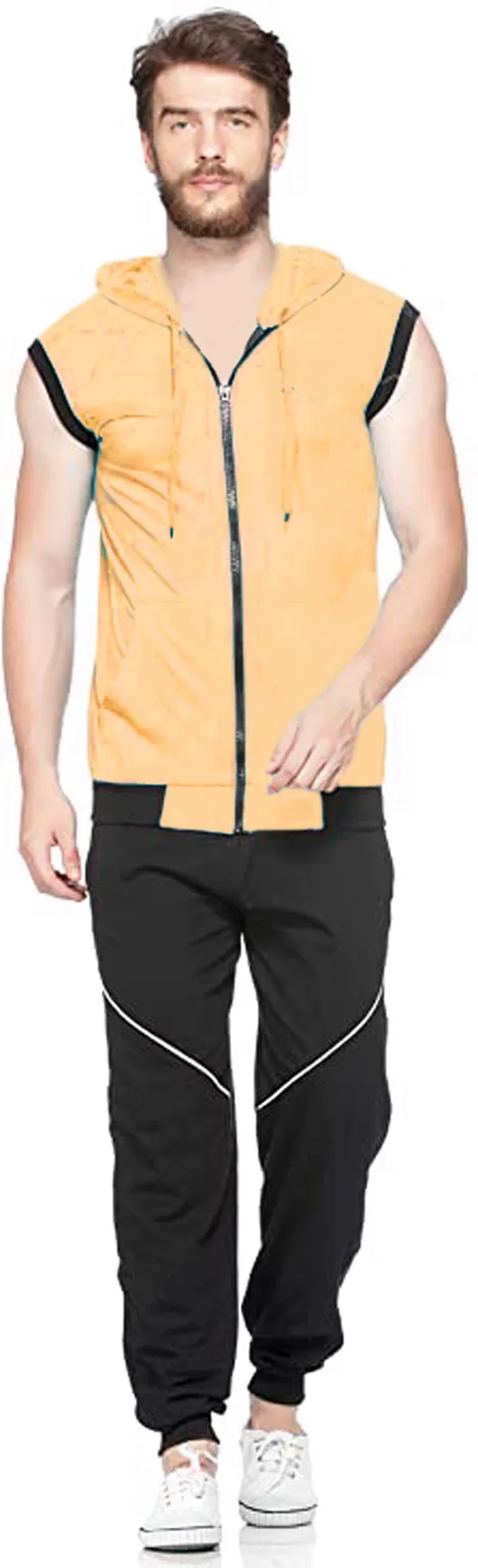 Yellow_Cotton_Solid_Hooded_Neck_Regukar_Fit_T-Shirt_For_Men