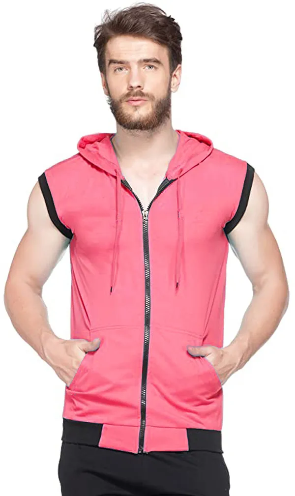 Pink_Cotton_Solid_Hooded_Neck_Regukar_Fit_T-Shirt_For_Men