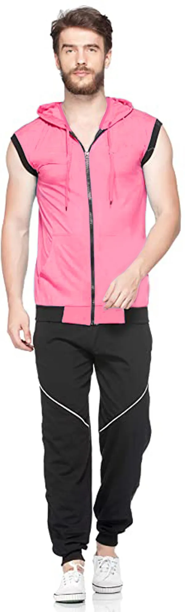 Pink_Cotton_Solid_Hooded_Neck_Regukar_Fit_T-Shirt_For_Men