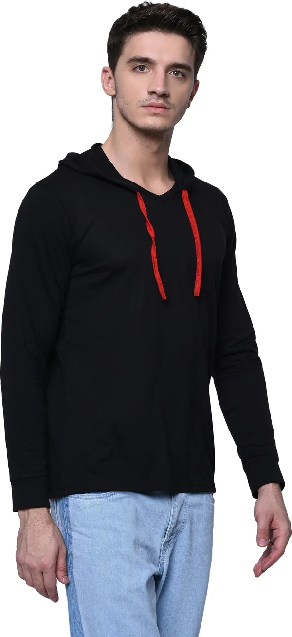 Black_Cotton_Solid_Hooded_Neck__Regukar_Fit_T-Shirt_For_Men