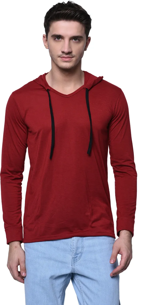 Maroon_Cotton_Solid_Men_Hooded_Neck_Regukar_Fit_T-Shirt_For_Men