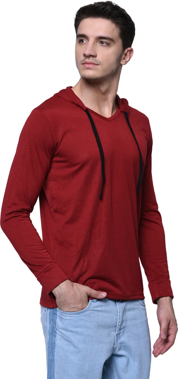 Maroon_Cotton_Solid_Men_Hooded_Neck_Regukar_Fit_T-Shirt_For_Men