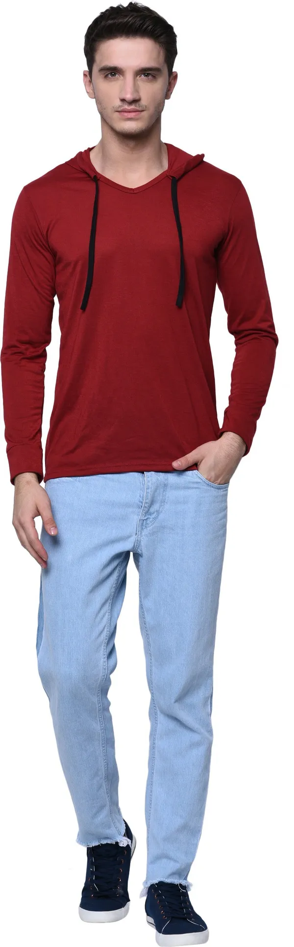 Maroon_Cotton_Solid_Men_Hooded_Neck_Regukar_Fit_T-Shirt_For_Men