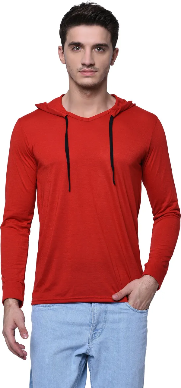 Red__Cotton_Solid_Hooded_Neck__Regukar_Fit_T-Shirt_For_Men