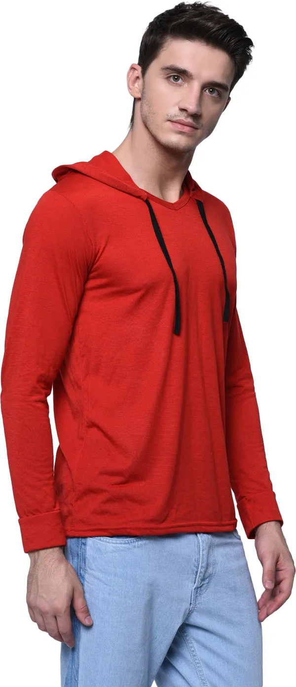 Red__Cotton_Solid_Hooded_Neck__Regukar_Fit_T-Shirt_For_Men