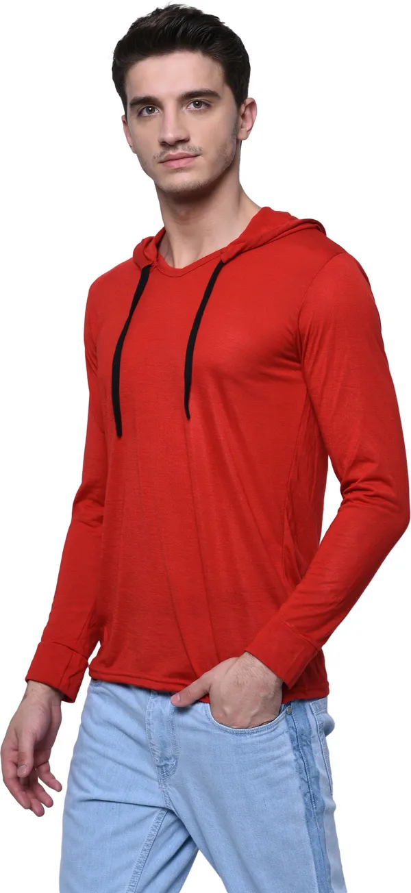 Red__Cotton_Solid_Hooded_Neck__Regukar_Fit_T-Shirt_For_Men
