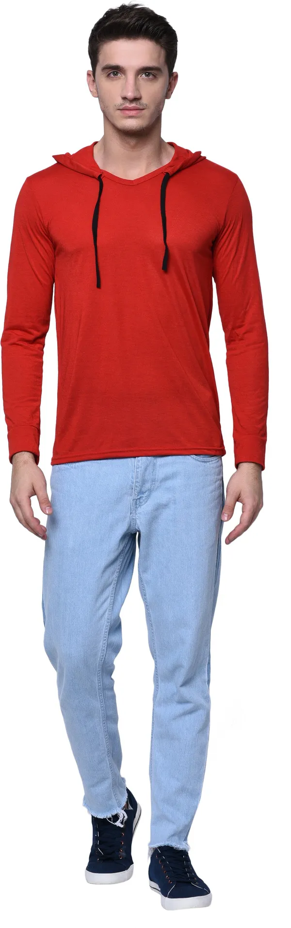 Red__Cotton_Solid_Hooded_Neck__Regukar_Fit_T-Shirt_For_Men