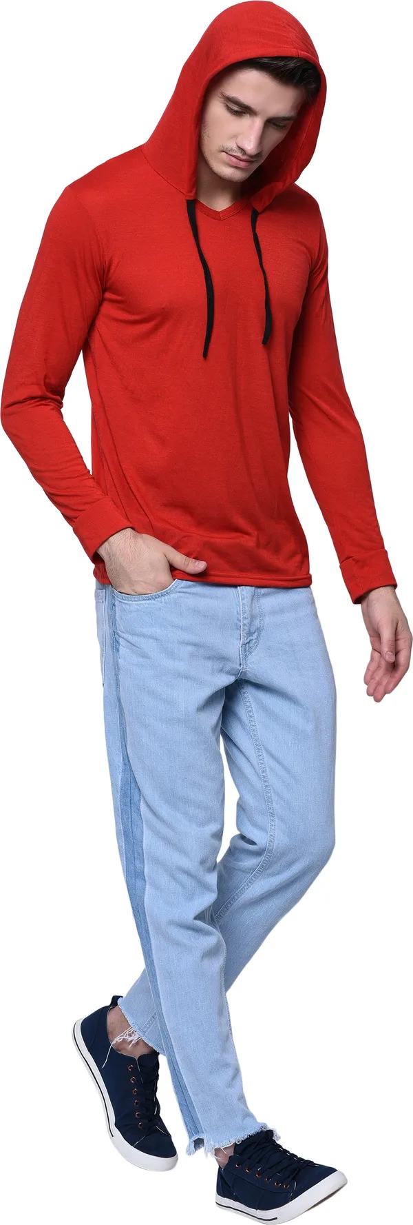 Red__Cotton_Solid_Hooded_Neck__Regukar_Fit_T-Shirt_For_Men
