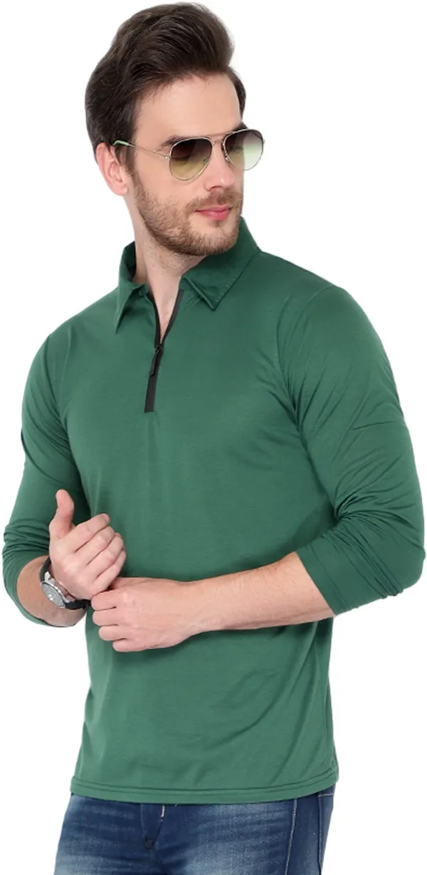 Dark_Green_Cotton_Solid_Polo_Neck_Regukar_Fit_T-Shirt_For_Men
