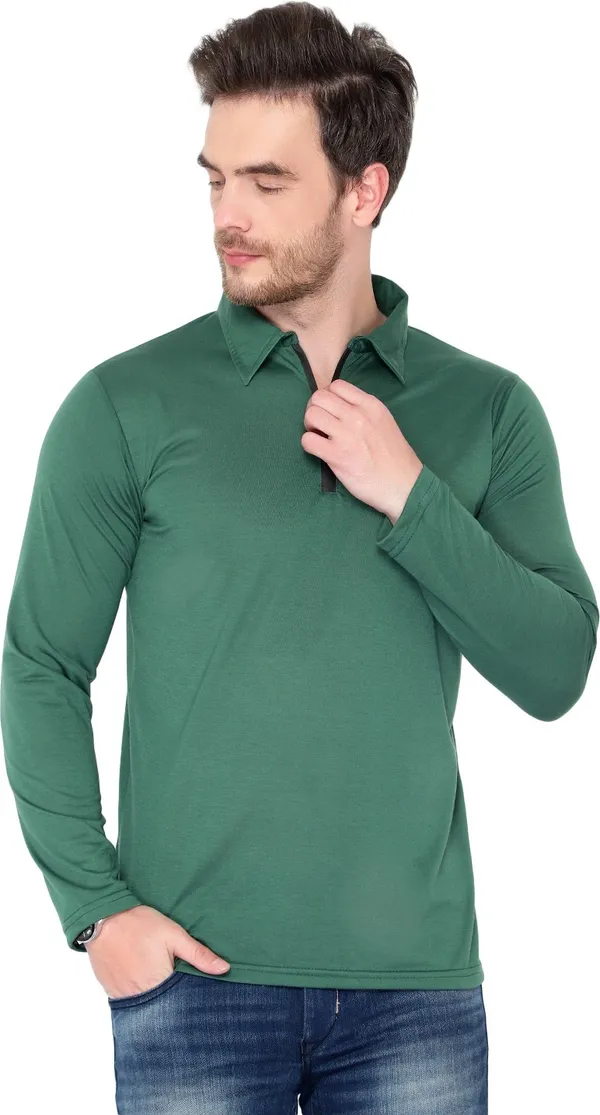Dark_Green_Cotton_Solid_Polo_Neck_Regukar_Fit_T-Shirt_For_Men