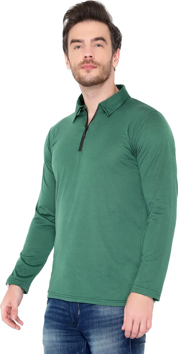 Dark_Green_Cotton_Solid_Polo_Neck_Regukar_Fit_T-Shirt_For_Men