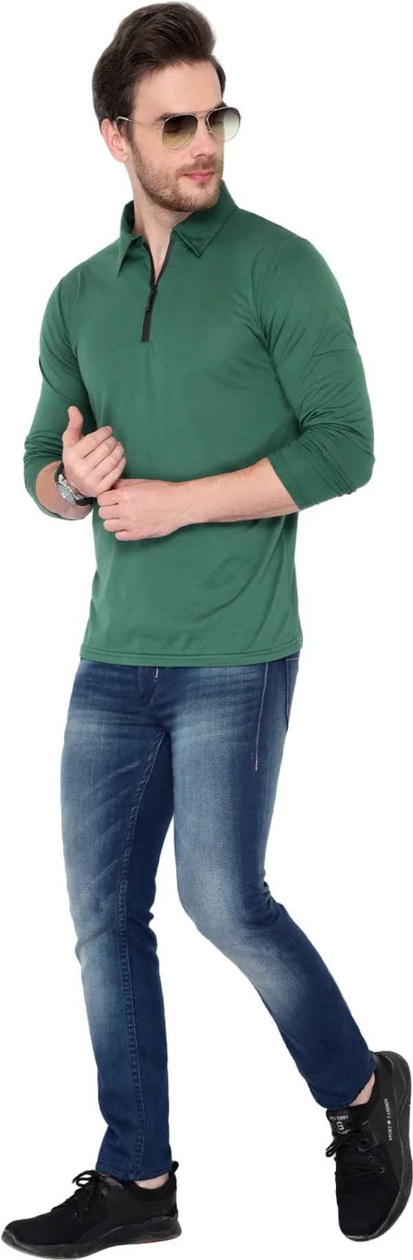 Dark_Green_Cotton_Solid_Polo_Neck_Regukar_Fit_T-Shirt_For_Men
