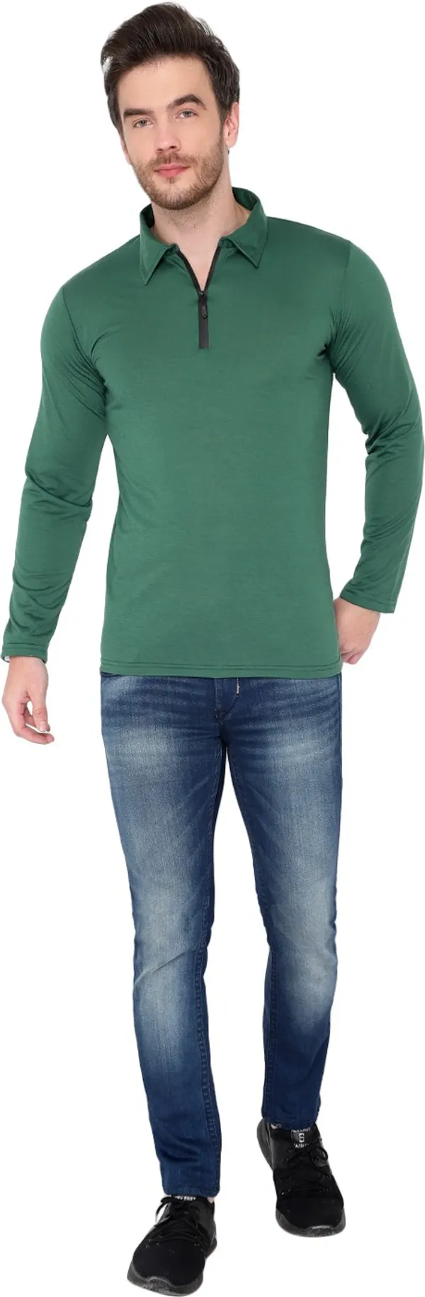 Dark_Green_Cotton_Solid_Polo_Neck_Regukar_Fit_T-Shirt_For_Men