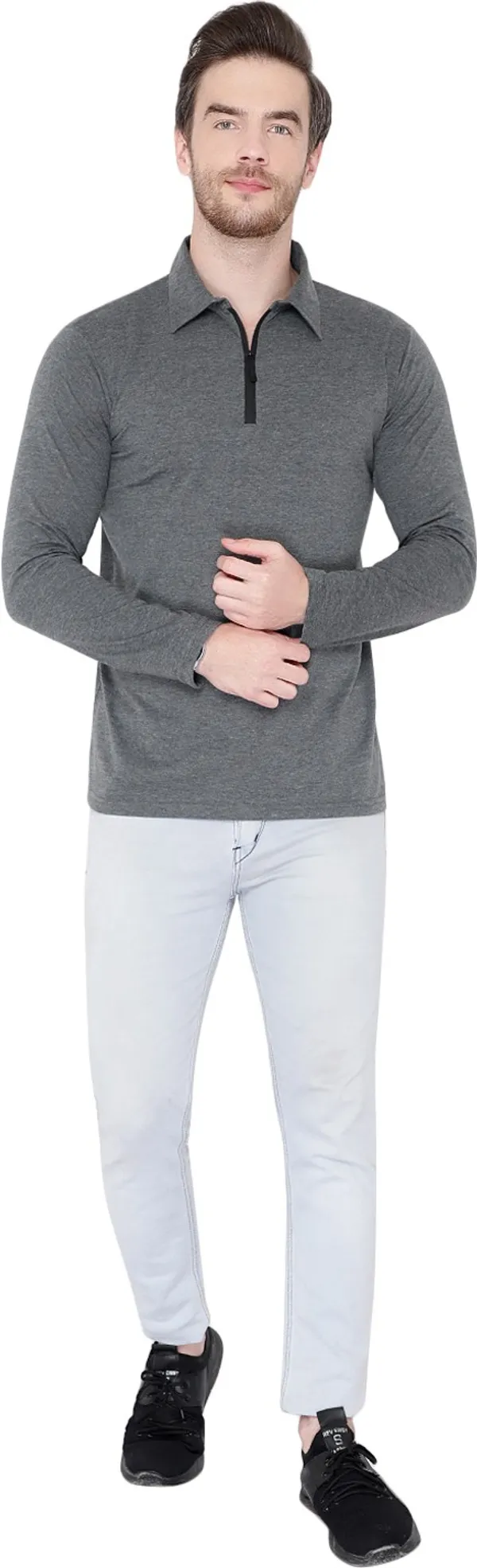 Grey_Cotton_Solid_Polo_Neck_Regukar_Fit_T-Shirt_For_Men