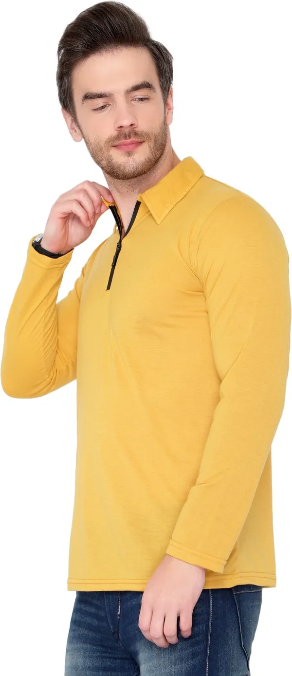Yellow_Cotton_Solid_Polo_Neck_Regukar_Fit_T-Shirt_For_Men
