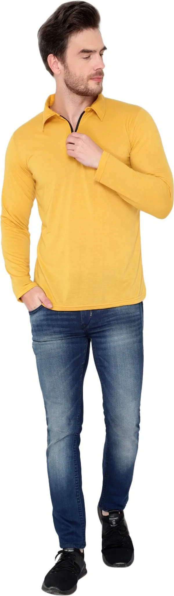 Yellow_Cotton_Solid_Polo_Neck_Regukar_Fit_T-Shirt_For_Men