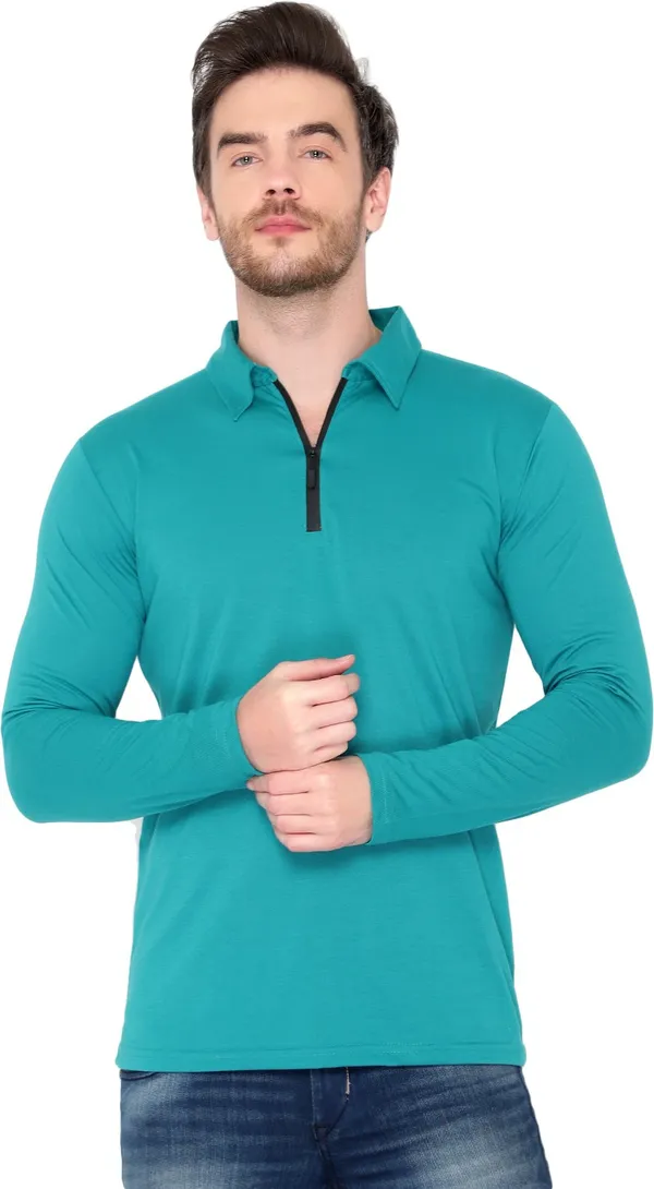 Blue_Cotton_Solid_Polo_Neck_Regukar_Fit_T-Shirt_For_Men
