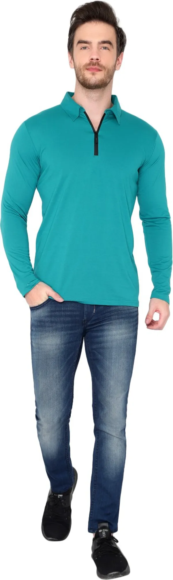 Blue_Cotton_Solid_Polo_Neck_Regukar_Fit_T-Shirt_For_Men
