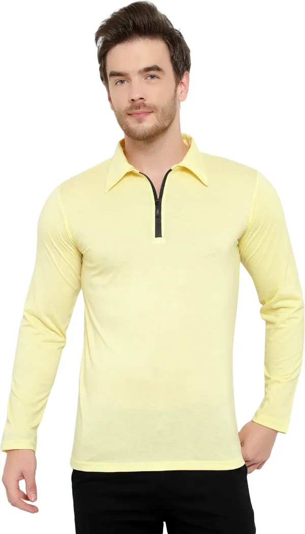 Yellow_Cotton_Solid_Polo_Neck_Regukar_Fit_T-Shirt_For_Men