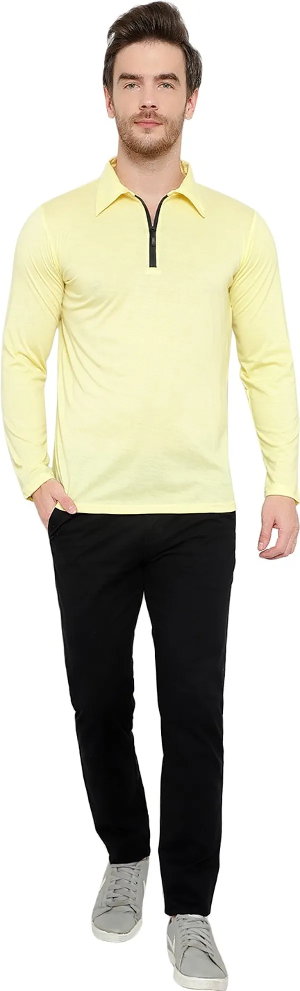 Yellow_Cotton_Solid_Polo_Neck_Regukar_Fit_T-Shirt_For_Men