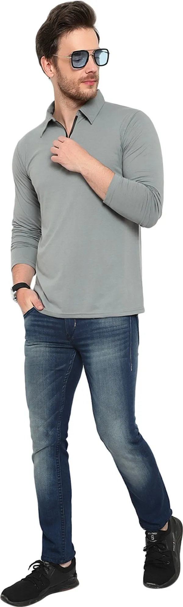 Grey_Cotton_Solid_Polo_Neck_Regukar_Fit_T-Shirt_For_Men