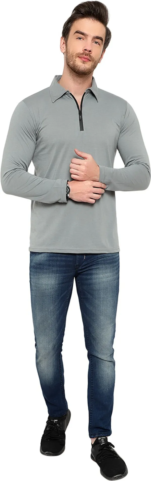 Grey_Cotton_Solid_Polo_Neck_Regukar_Fit_T-Shirt_For_Men