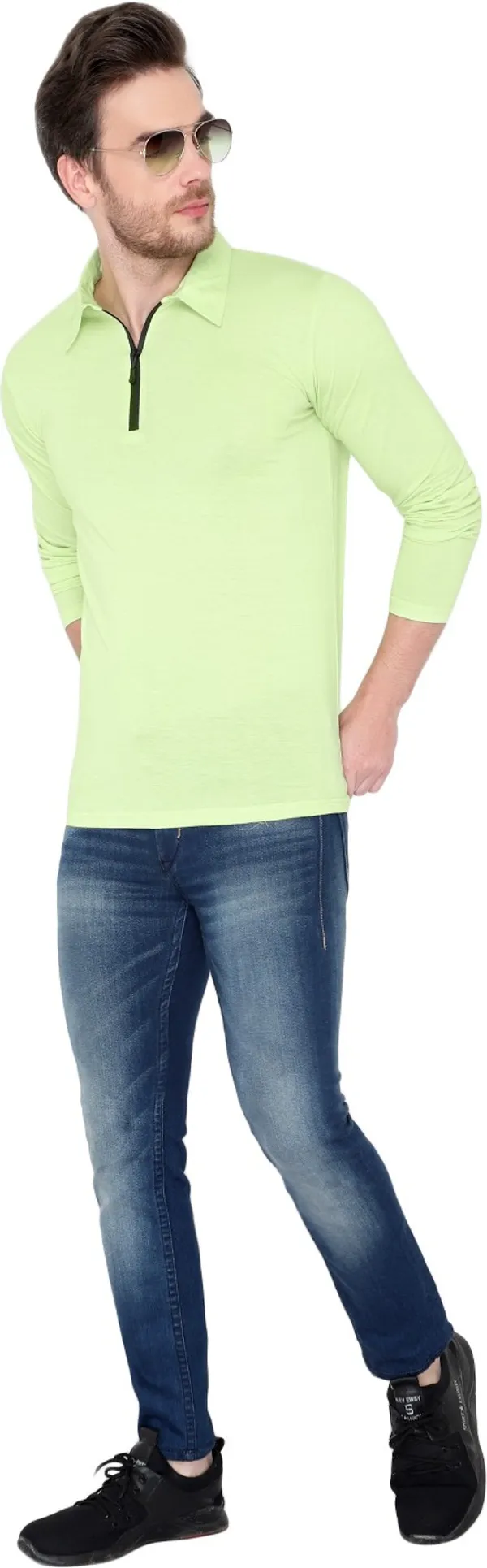 Green_Cotton_Solid_Men_Polo_Neck_Regukar_Fit_T-Shirt_For_Men