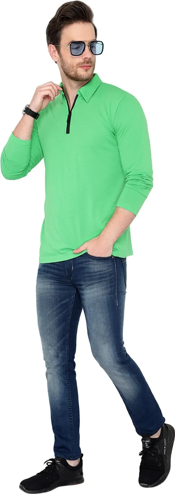 Green_Cotton_Solid_Polo_Neck_Regukar_Fit_T-Shirt_For_Men