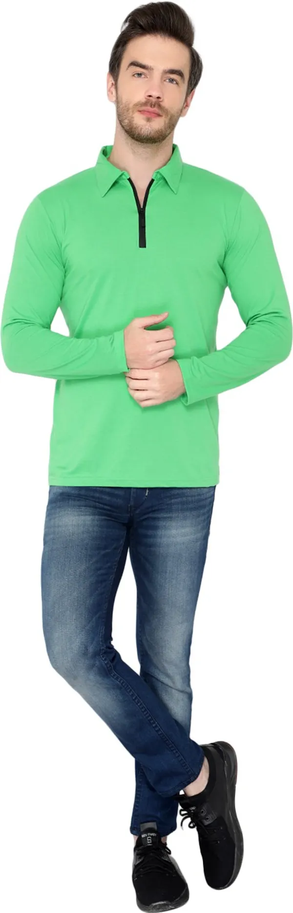 Green_Cotton_Solid_Polo_Neck_Regukar_Fit_T-Shirt_For_Men
