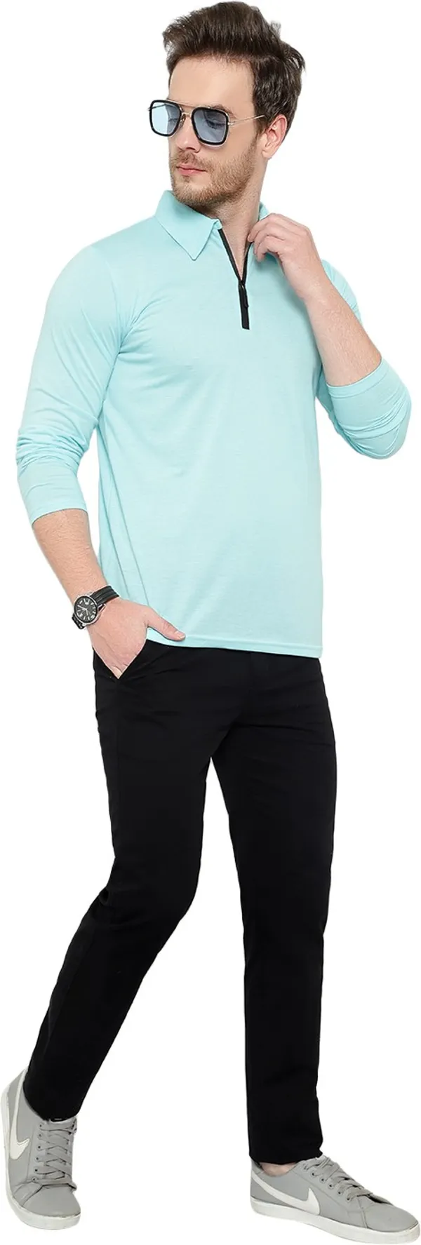 Light_Blue_Cotton_Solid_Polo_Neck_Regukar_Fit_T-Shirt_For_Men